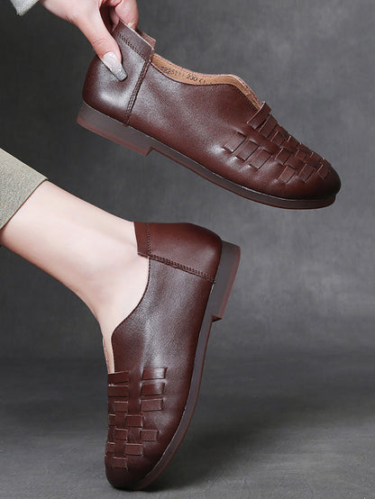 Women Retro Leather Weave Low Heel Shoes