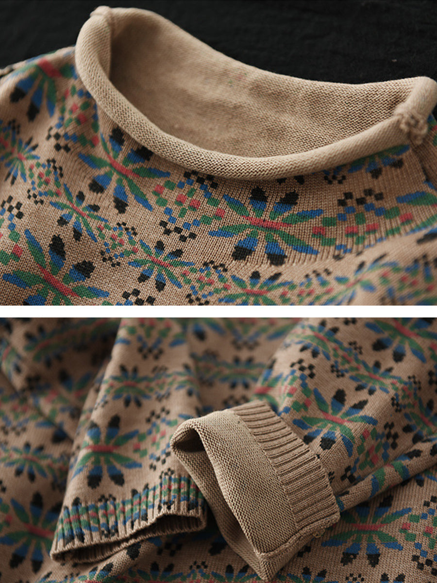 Plus Size Women Vintage Floral Turtleneck Warm Pullover Sweater