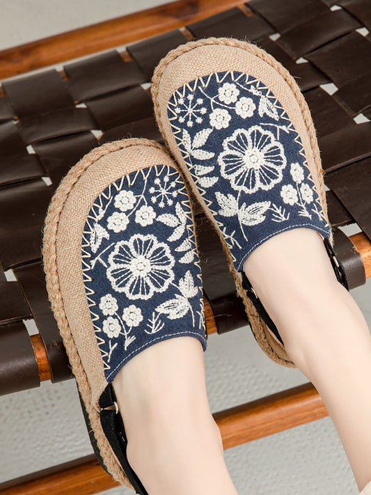 Women Ethnic Flower Embroidery Linen Sandals