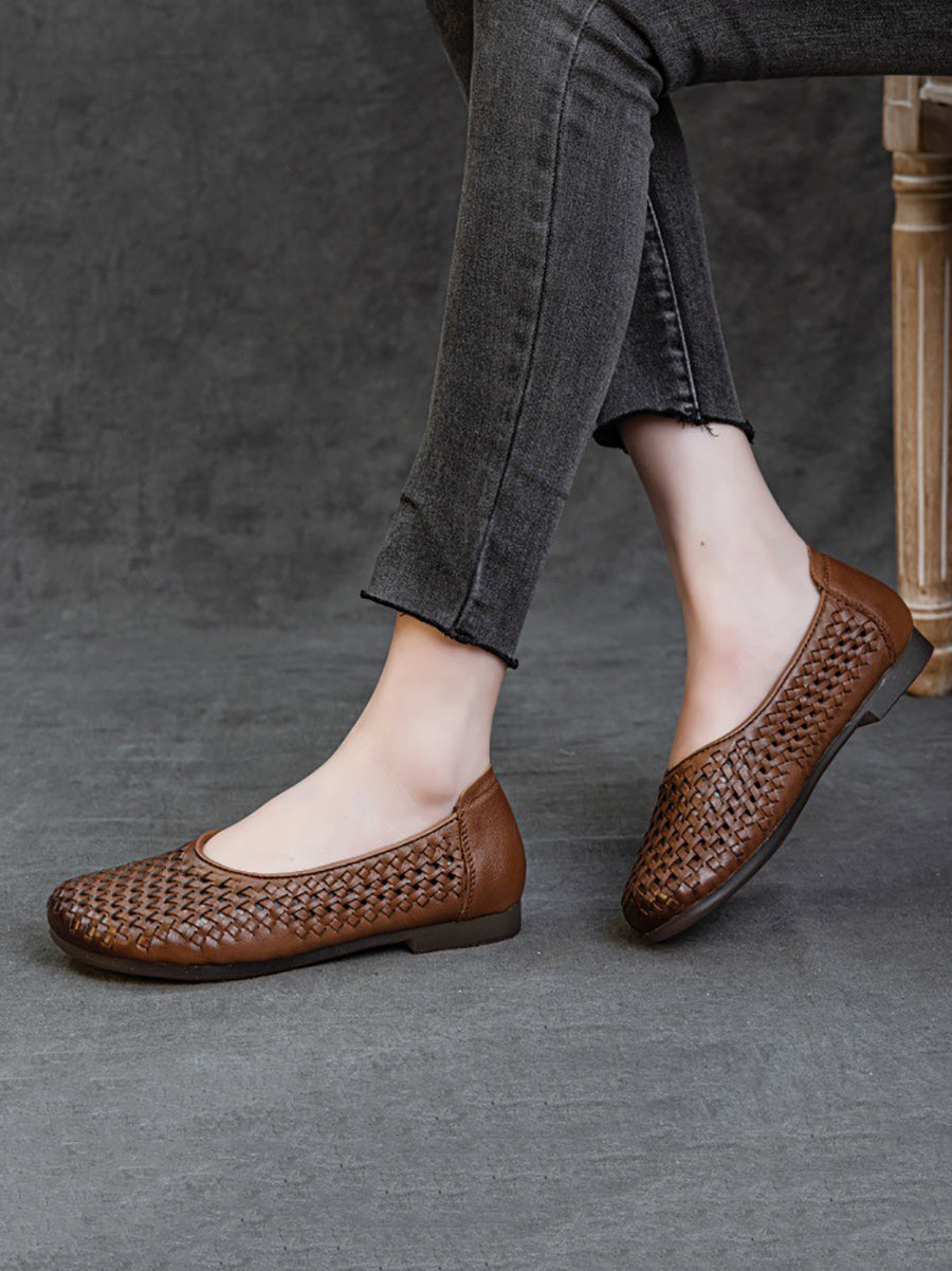 Women Summer Vintage Leather Weave Low Heel Shoes