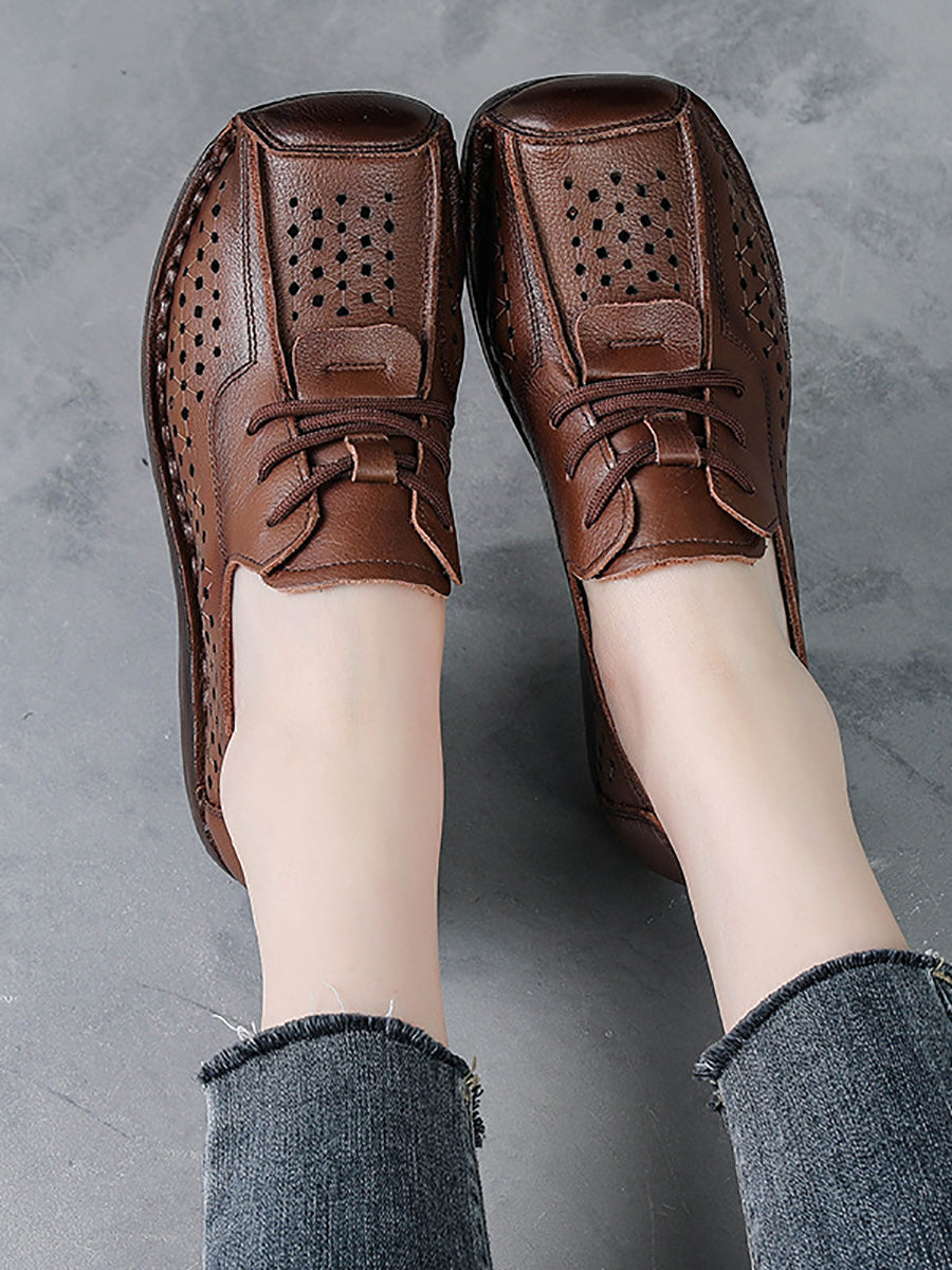 Women Vintage Genuine Leather Hollow Out Platform Shoes