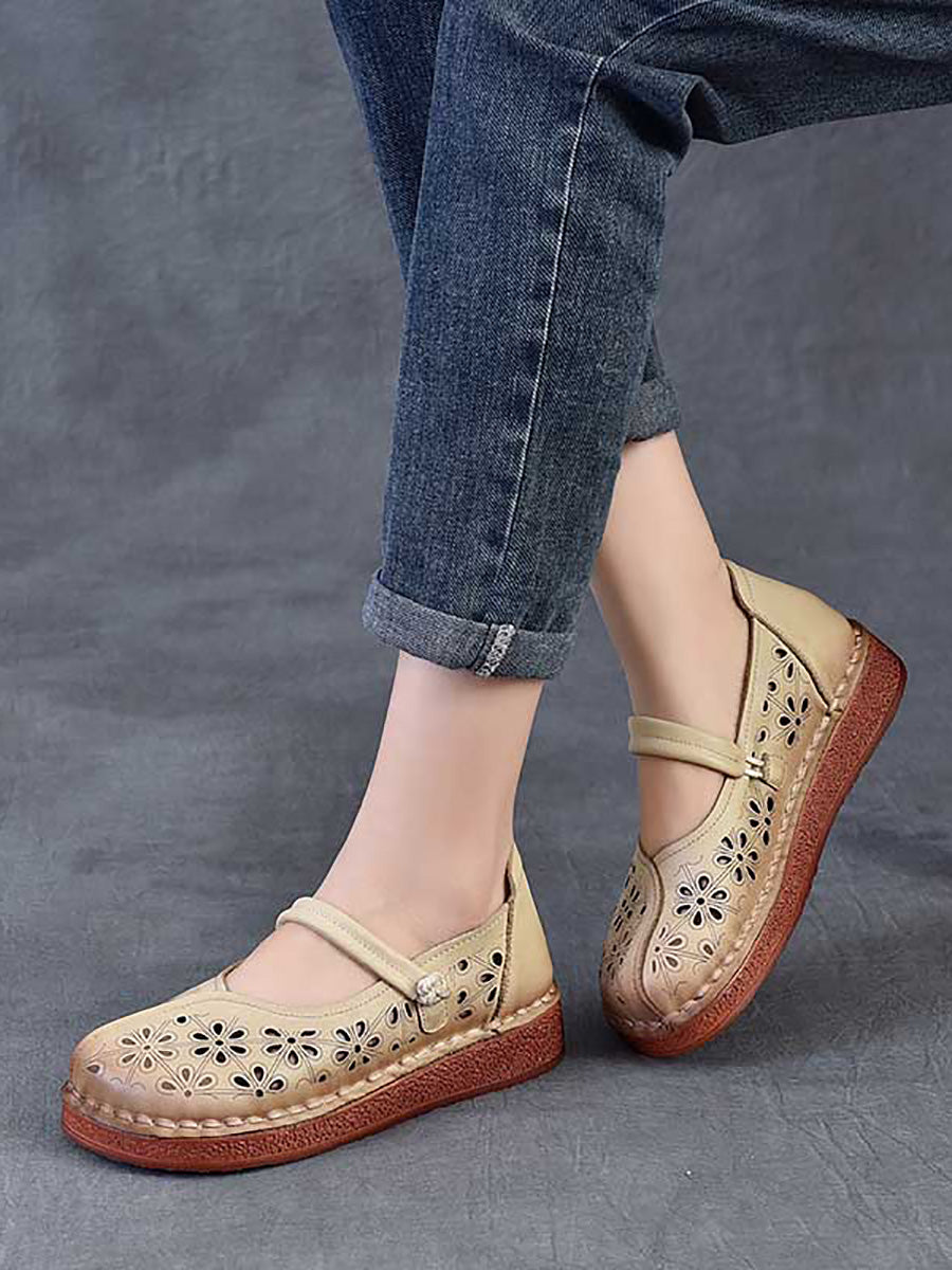Women Vintage Leather Flower Hollow Out Low Heel Shoes