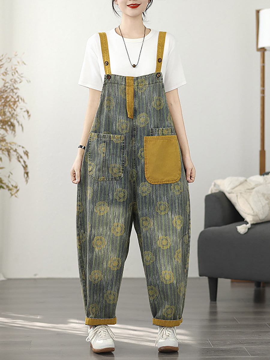 Women Summer Fashion Flower Stripe Denim Jumpsuits