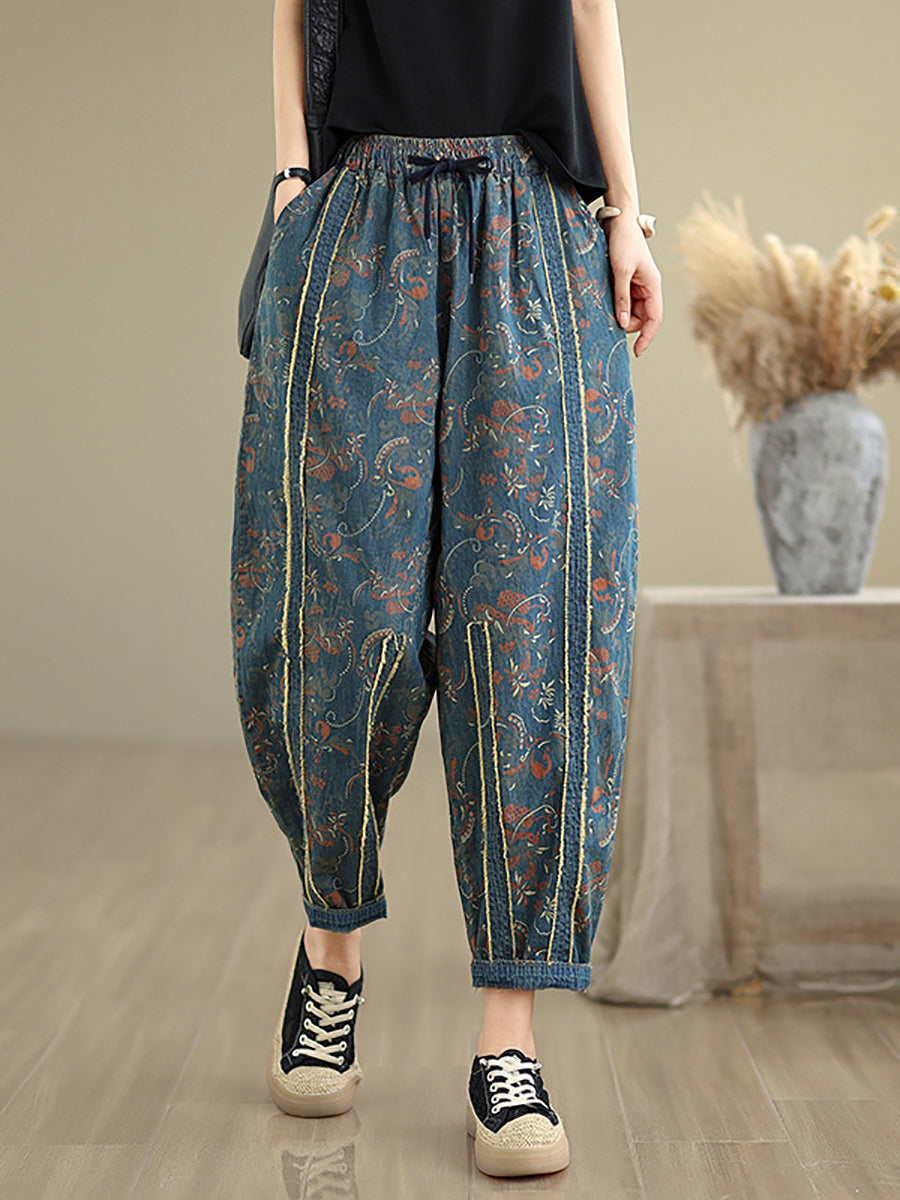 Women Retro Flower Patchwork Denim Harem Pants