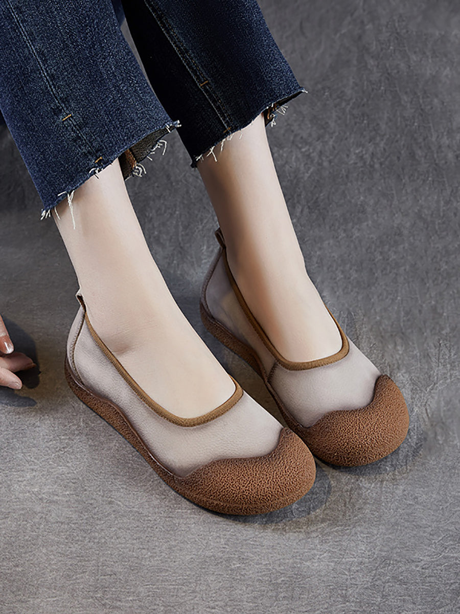 Women Summer Genuine Leather Colorblock Flat Shoes