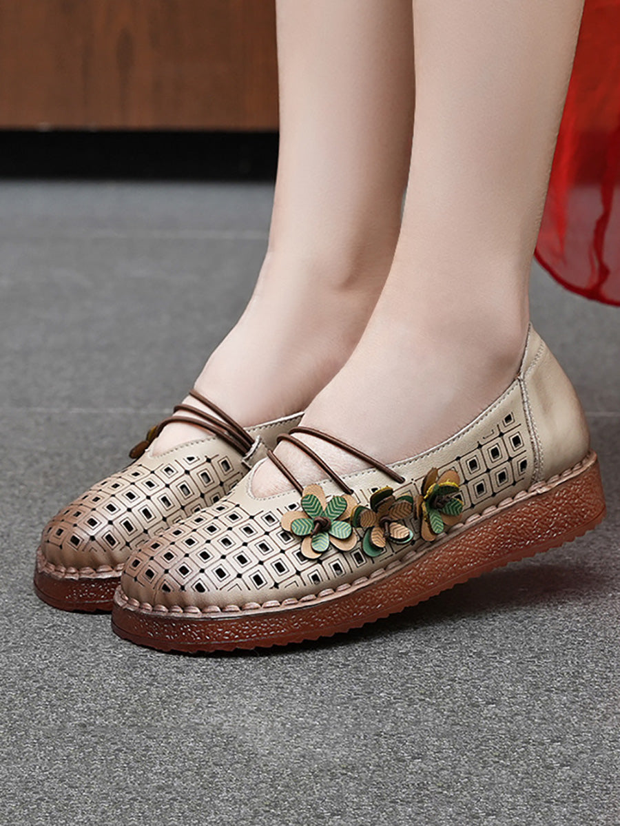 Women Summer Leather Flower Spliced Low Heel Shoes