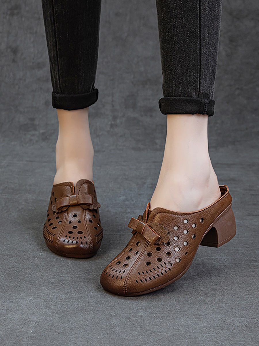 Women Summer Genuine Leather Hollow Out Mid Heel Slippers
