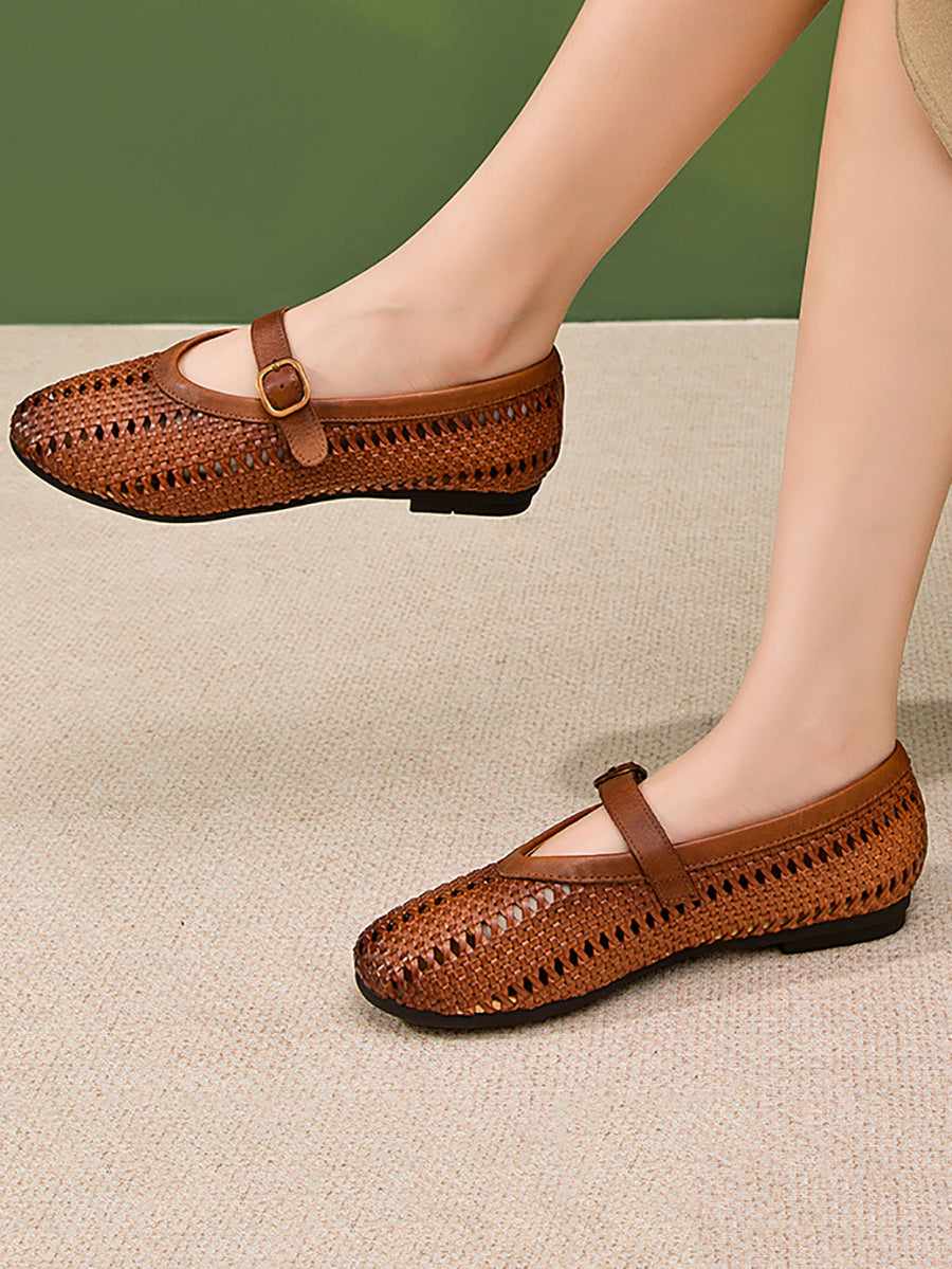 Women Vintage Leather Weave Low Heel Sandals