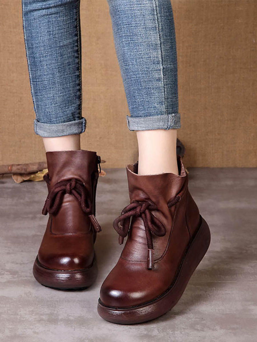 Women Vintage Winter Leather Spliced Platform Boots