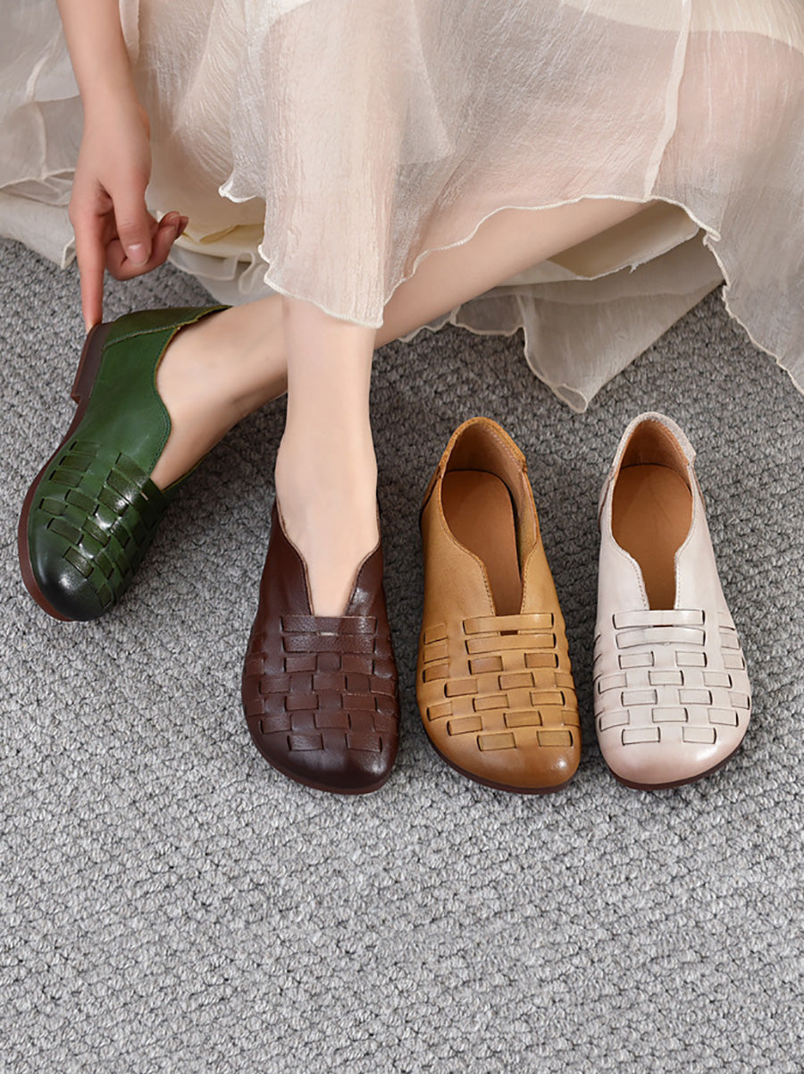 Women Vintage Genuine Leather Weave Low Heel Shoes