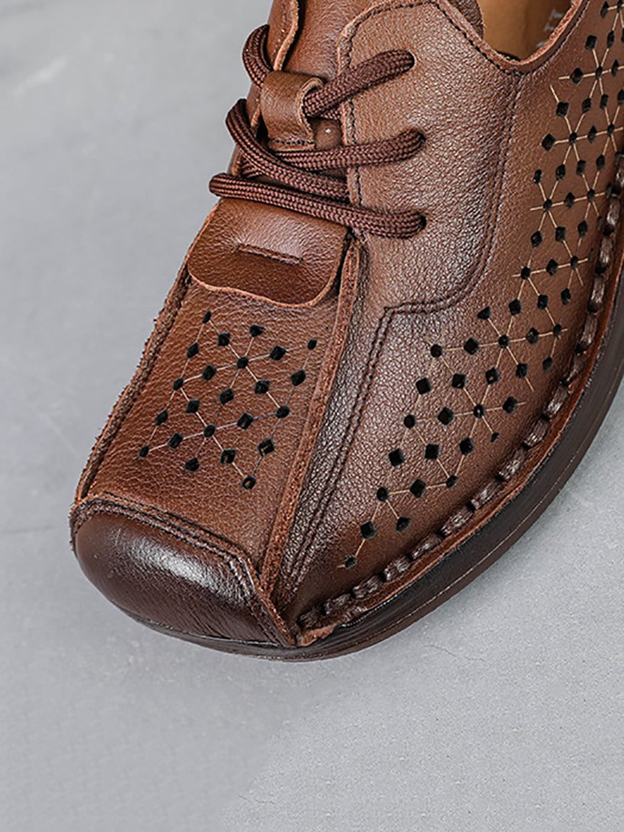 Women Vintage Genuine Leather Hollow Out Platform Shoes