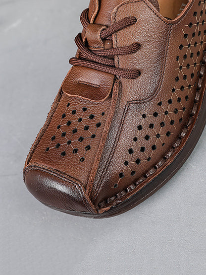 Women Vintage Genuine Leather Hollow Out Platform Shoes