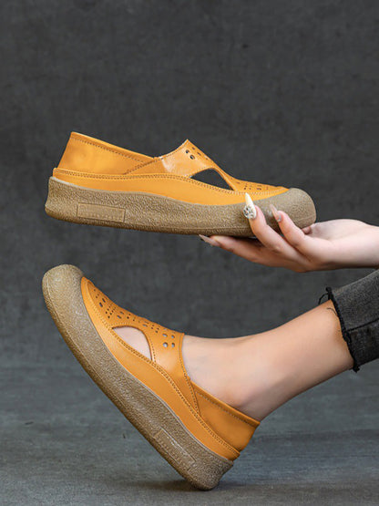 Women Summer Casual Hollow Out Leather Flat Shoes