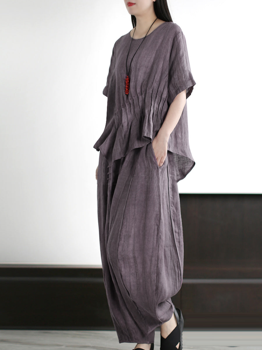 Plus Size Women Vintage Solid Linen Cotton Shirt+Pants