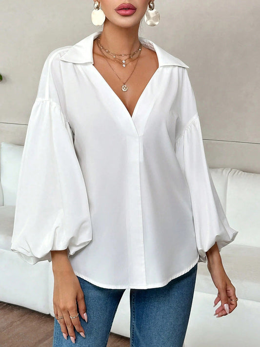 Long Sleeves Loose Pleated Solid Color Split-Joint Lapel Blouses&Shirts Tops