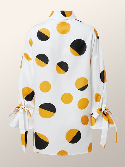 Long Sleeves Loose Contrast Color Polka Dot Printed Lapel Blouses