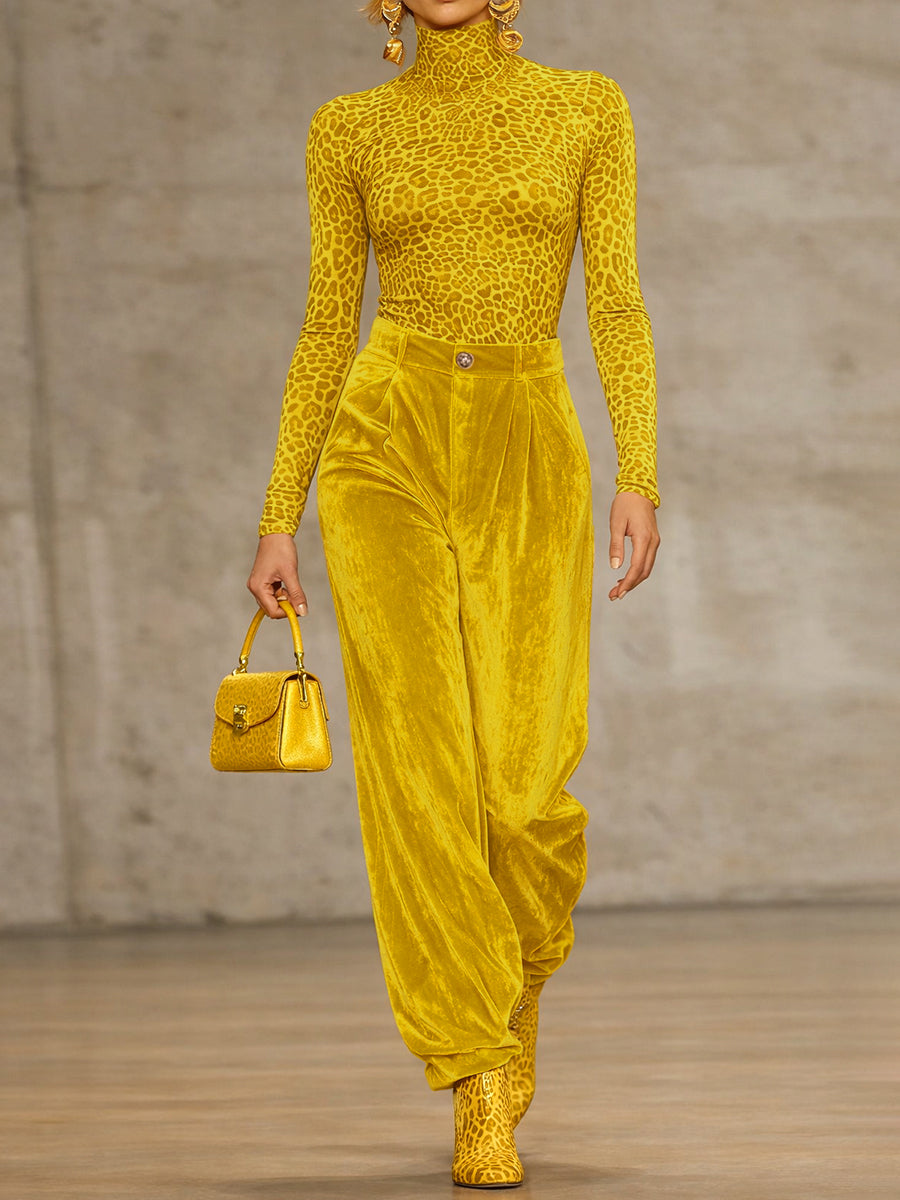 High Waisted Pleated Pockets Solid Color Velvet Pants Trousers