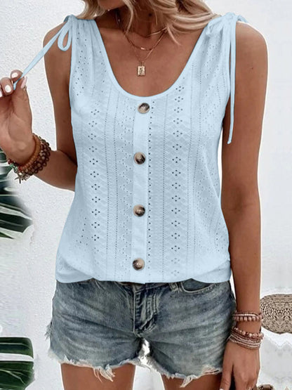 Loose Plus Size Buttoned Hollow Pleated Split-Joint Tied U-neck Vest Top