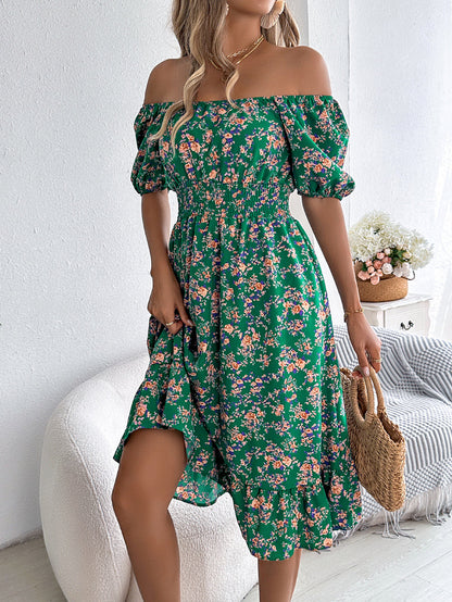 A-Line Short Sleeves Contrast Color Elasticity Flower Print Ruffle Trim Split-Joint Square-Neck Midi Dresses