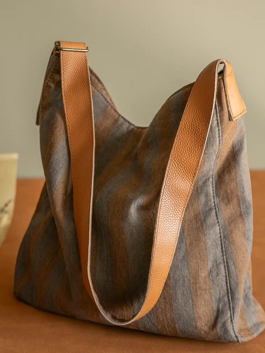Casual Vintage Wash Colorblocking Stripe Canvas Bag