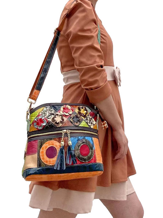 Vintage Mulitcolor Patchwork Women Leather Crossbody Bag