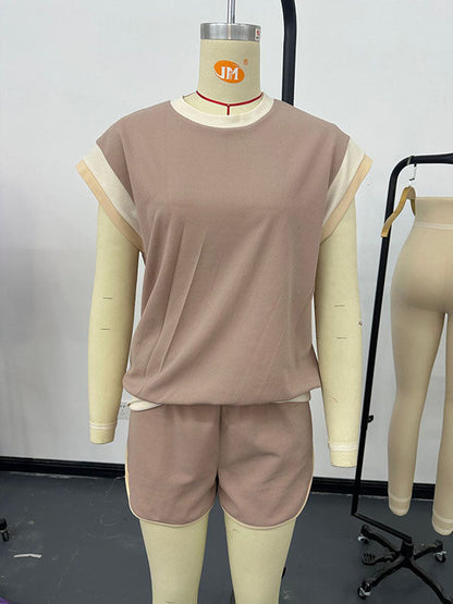 Contrast Color Short Sleeves Round-Neck T-Shirt + Elasticity Shorts Two Pieces Set