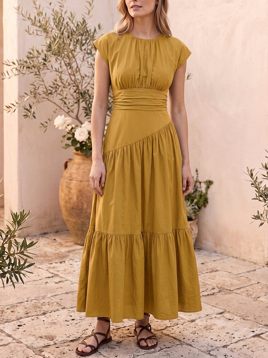 A-Line High Waisted Pleated Solid Color Split-Joint Round-Neck Maxi Dresses