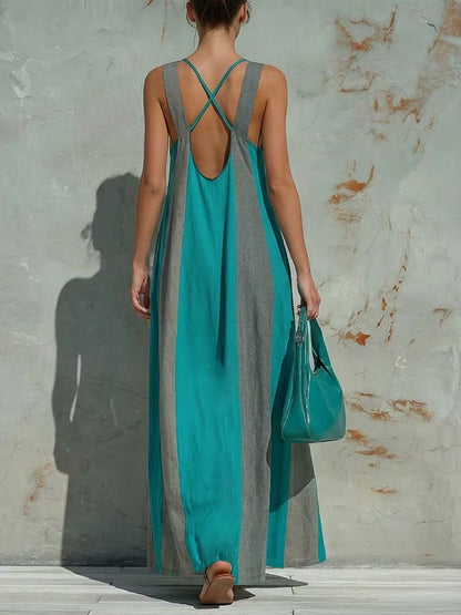 Cross-Strap Loose Backless Contrast Color Pockets Split-Joint Square-Neck Maxi Dresses