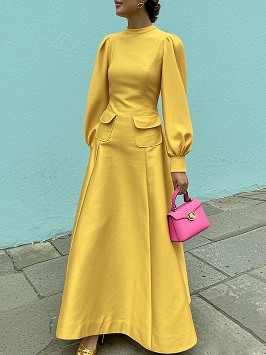 A-Line Long Sleeves Pleated Pockets Solid Color Mock Neck Maxi Dresses