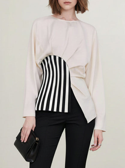 Irregularity Long Sleeves Asymmetric Pleated Split-Joint Striped Zipper Round-Neck Blouses&Shirts Tops