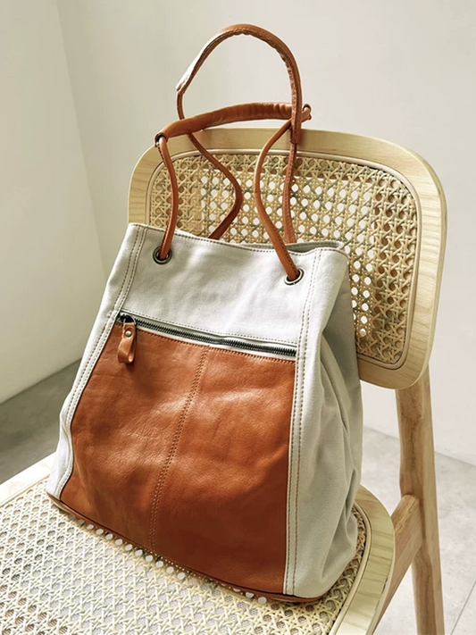 Vintage Colorblocking Leather Spliced Canvas Bag
