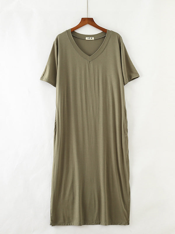 Simple Short Sleeves Loose Split-Side Solid Color V-Neck Pajamas Dress