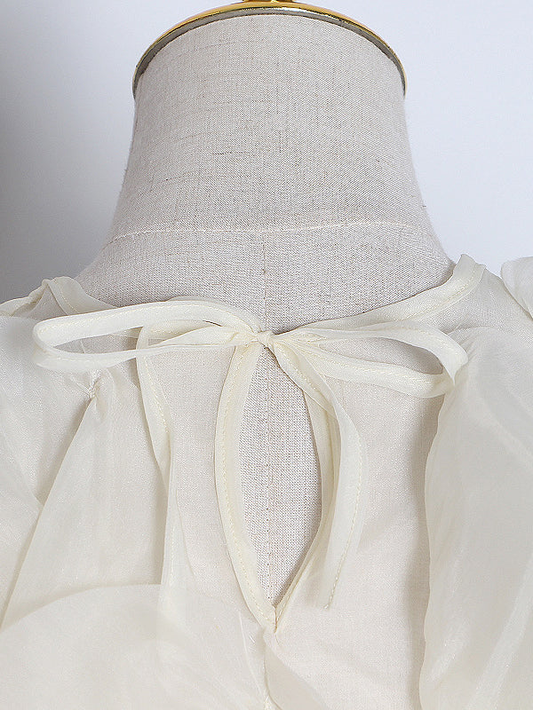 Long Sleeves Loose Lace-Up Solid Color Tiered Round-Neck Blouses&Shirts Tops