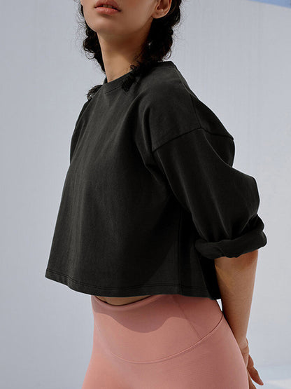 Long Sleeves Loose Solid Color Round-Neck T-Shirts Tops