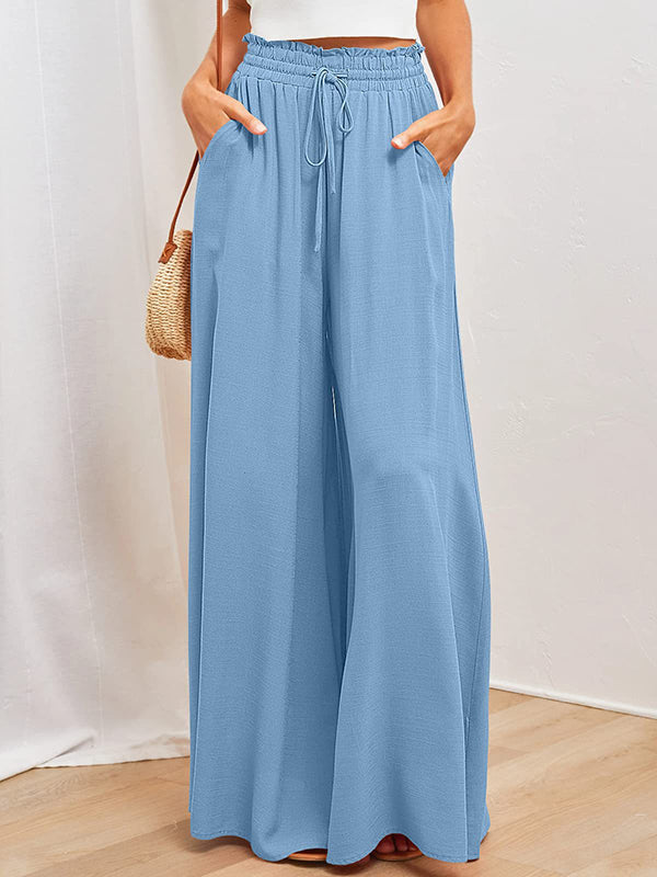 High Waisted Loose Drawstring Elasticity Pleated Pockets Solid Color Pants Trousers