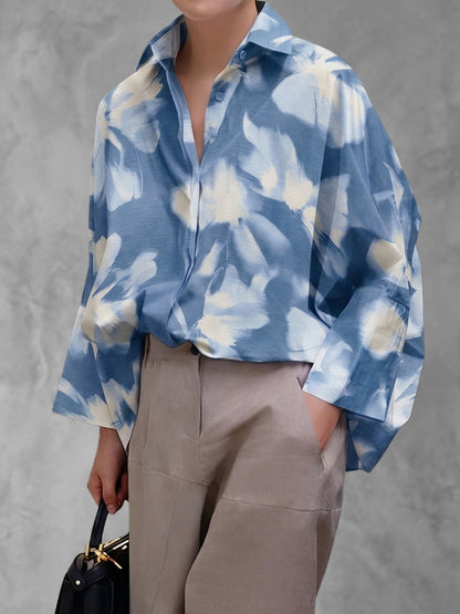 Batwing Sleeves High-Low Buttoned Contrast Color Printed Lapel Blouses&Shirts Tops