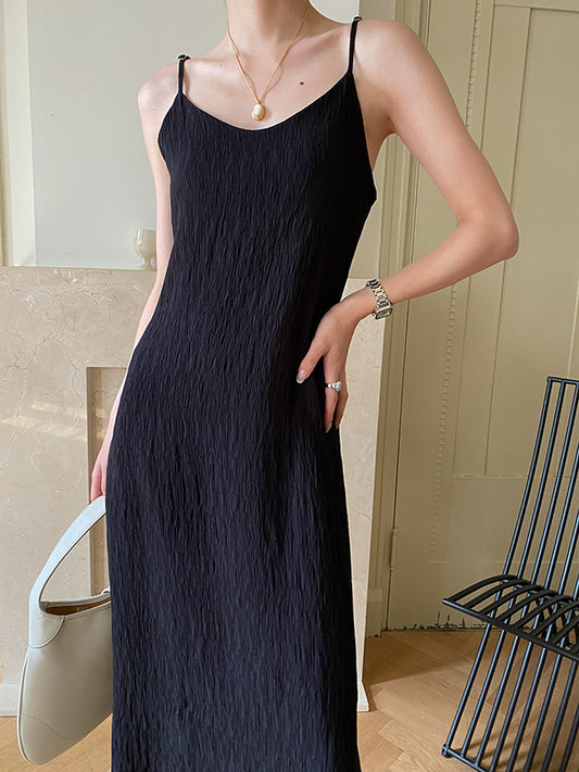High Waisted Loose Adjustable Solid Color Split-Joint Round-Neck Midi Dresses Slip Dress