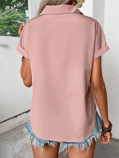 Loose Short Sleeves Buttoned Pleated Solid Color Lapel Blouses&Shirts Tops