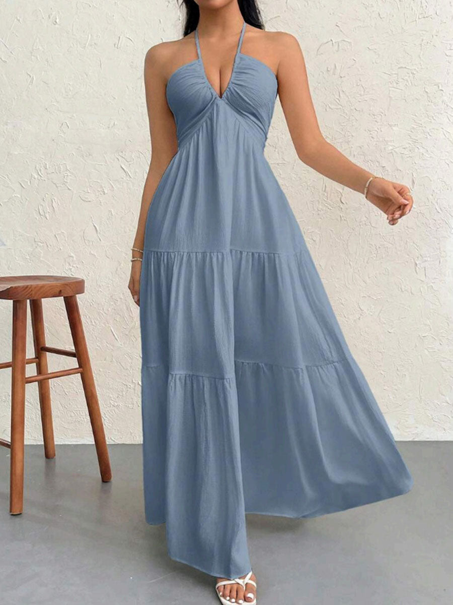 A-Line Loose Backless Pleated Solid Color Split-Joint Halter-Neck Midi Dresses