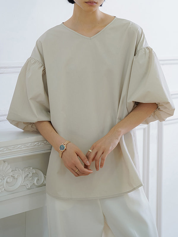 Half Sleeves Loose Solid Color V-Neck Blouses&Shirts Tops