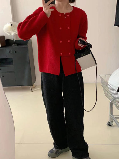 Long Sleeves Loose Asymmetric Buttoned Solid Color Split-Front Round-Neck Cardigan Tops