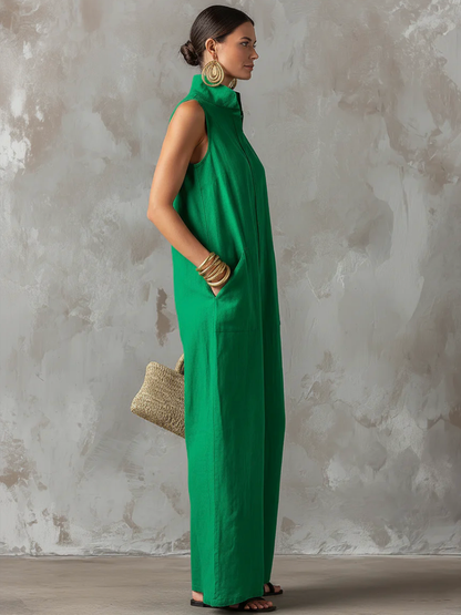 Loose Sleeveless Buttoned Pockets Solid Color Stand Collar Jumpsuits