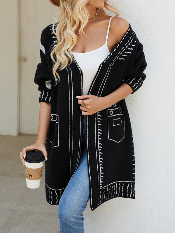 Long Sleeves Loose Jacquard Split-Joint V-Neck Cardigan Tops