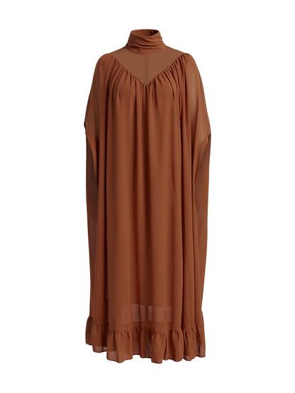 Cape Irregularity Layered Pleated Ruffled See-Through Solid Color Split-Joint High Neck Maxi Dresses