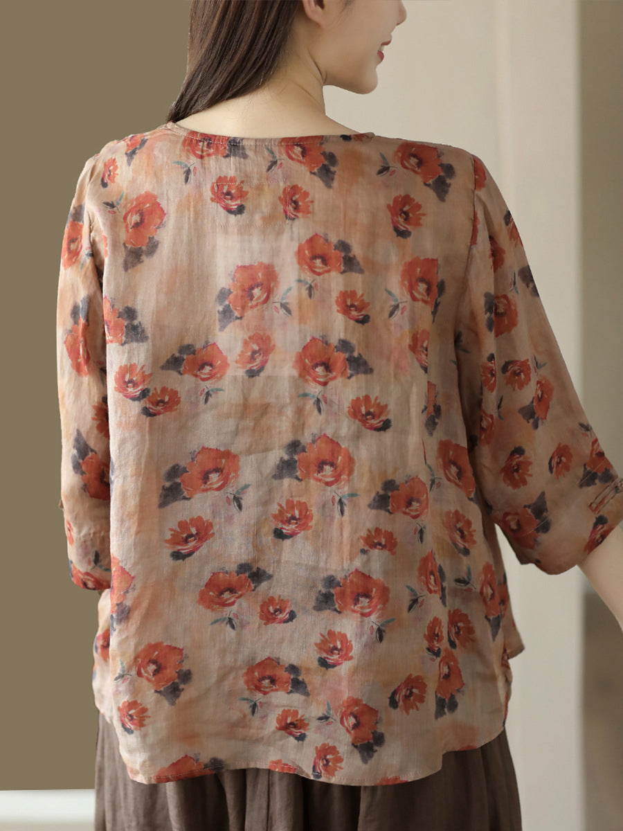 Women Vintage Summer Floral Frog Pullover Linen Shirt