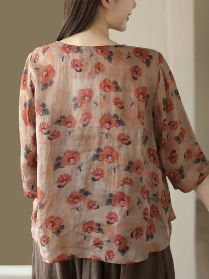 Women Vintage Summer Floral Frog Pullover Linen Shirt