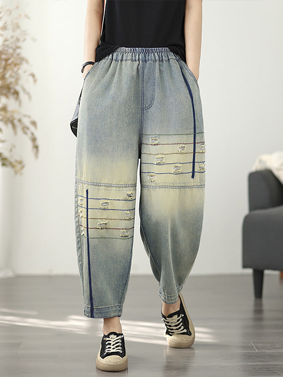 Women Retro Frayed Denim Harem Pants