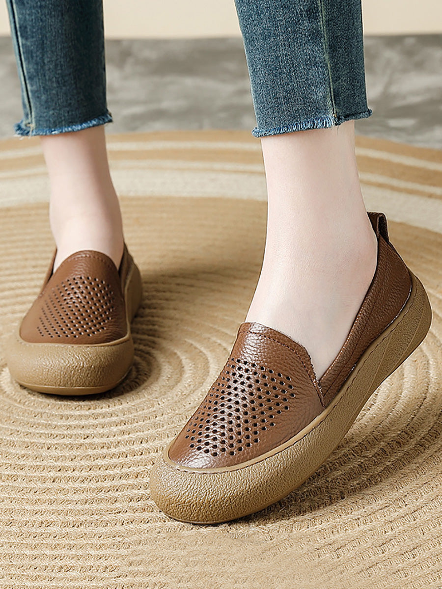 Women Summer Hollow Out Leather Flat Shoes