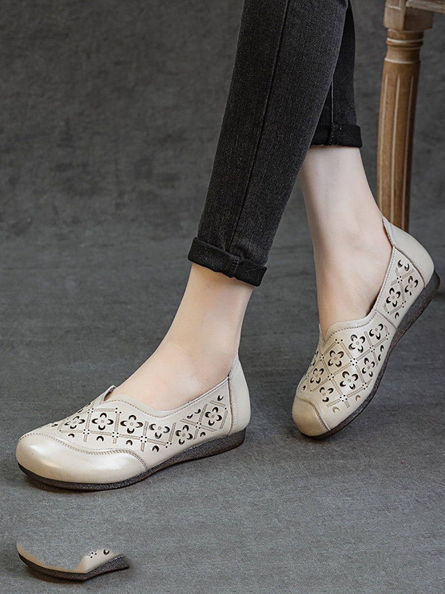 Women Soft Genuine Leather Hollow Out Low Heel Shoes