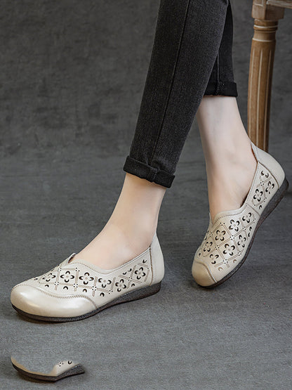 Women Soft Genuine Leather Hollow Out Low Heel Shoes